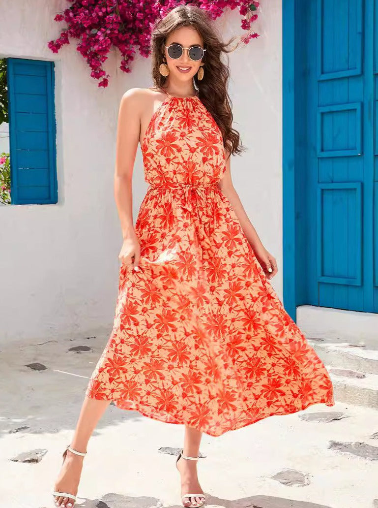 Orange Sleeveless Halter Neck Tropical Dress