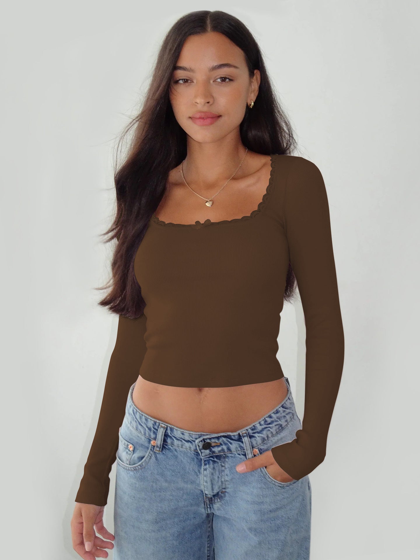 Sexy Laced Brown Long Sleeve Crop Top