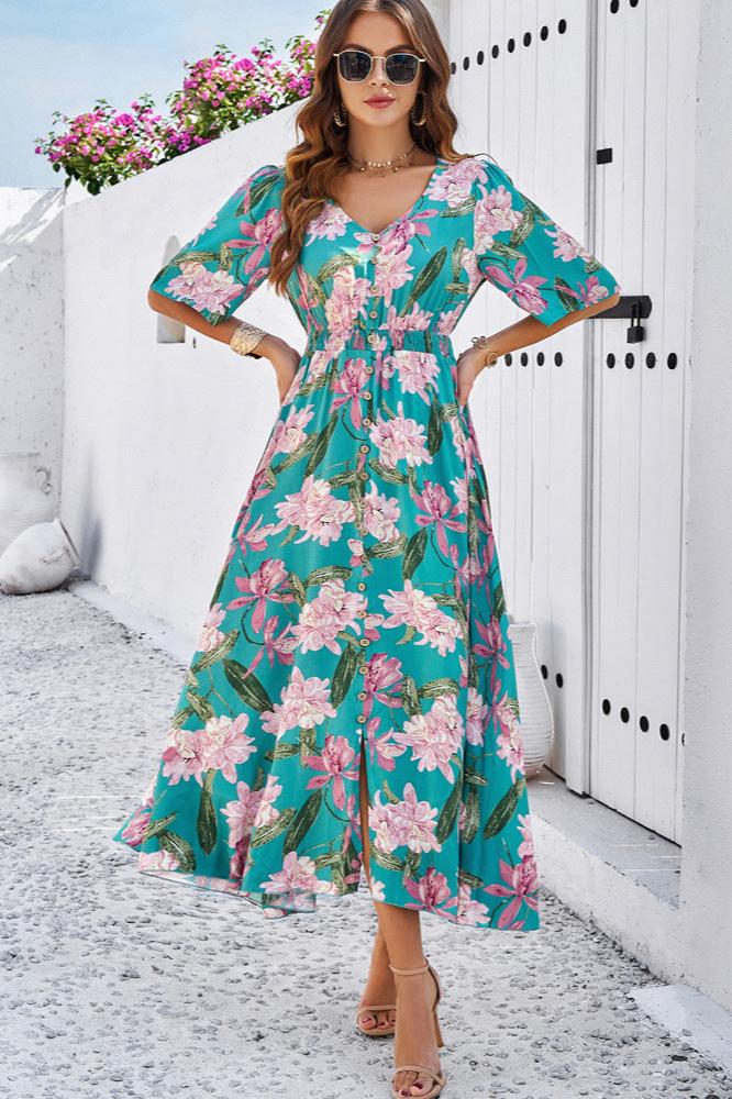 Green Chic Summer Floral V-Neck Side Slit Midi Dress