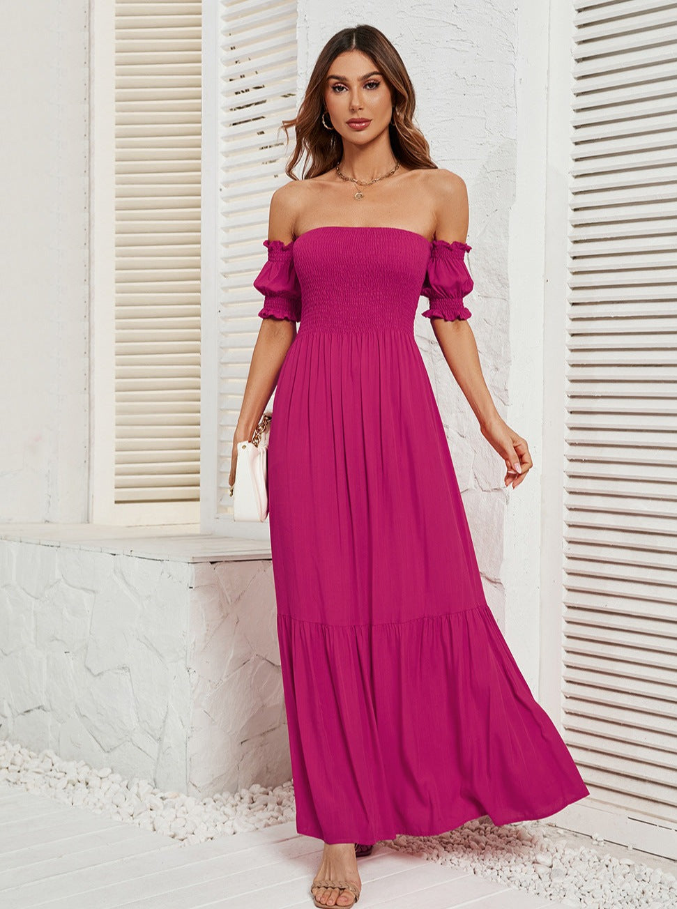 Off Shoulder Bell Sleeve Effen Kleur Maxi Jurk 