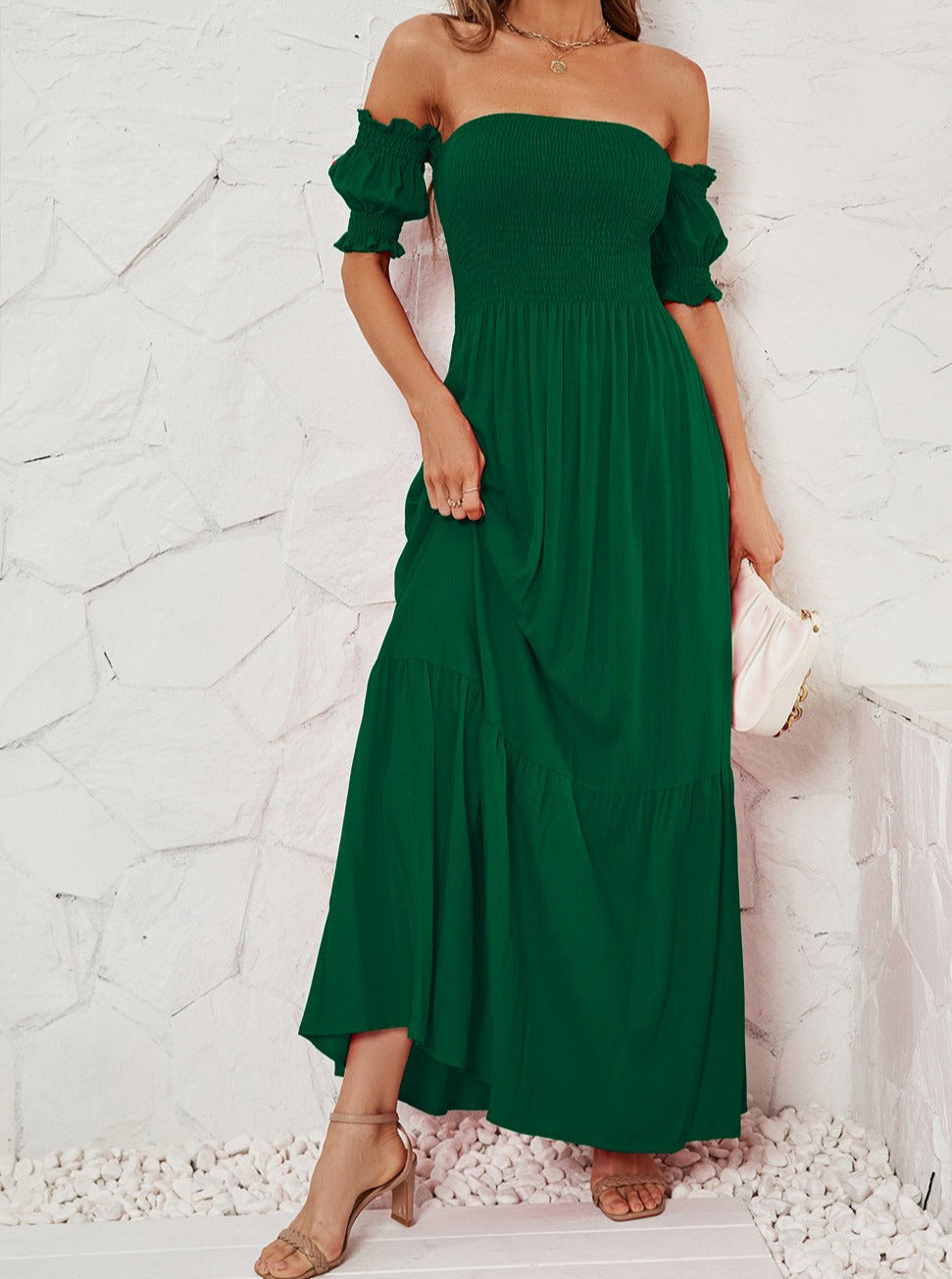 Off Shoulder Bell Sleeve Effen Kleur Maxi Jurk 