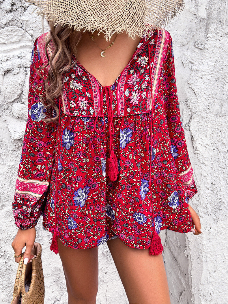 Red Retro Floral Printed Tassel Shirt