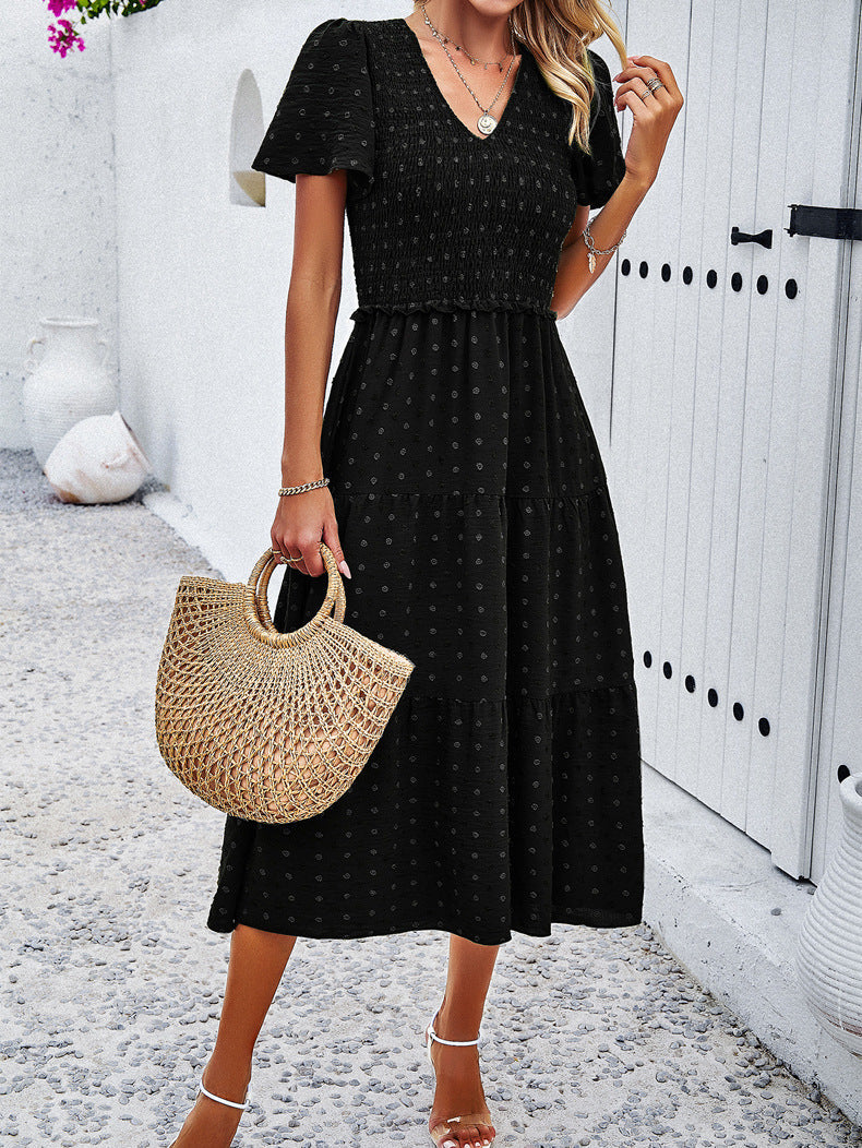 Black Temperament V-Neck Short-Sleeved Dress