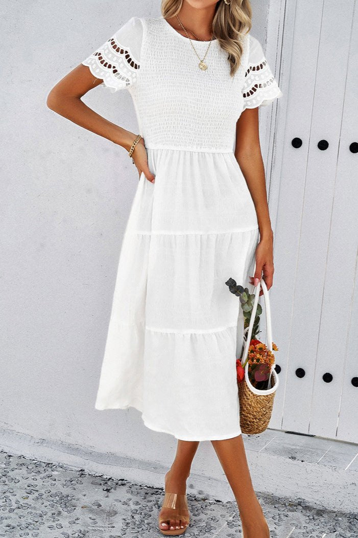 White Casual Solid Crochet Lace Sleeve A-Line Midi Dress