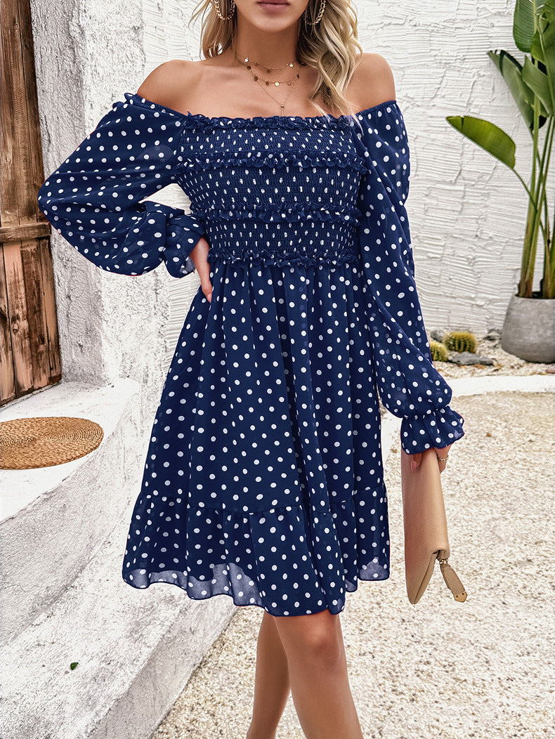 Casual blauwe off-shoulder polkadotjurk 