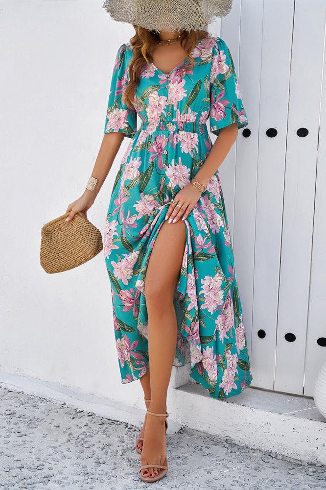 Chique zomerse bloemen V-hals midi-jurk met zijsplit