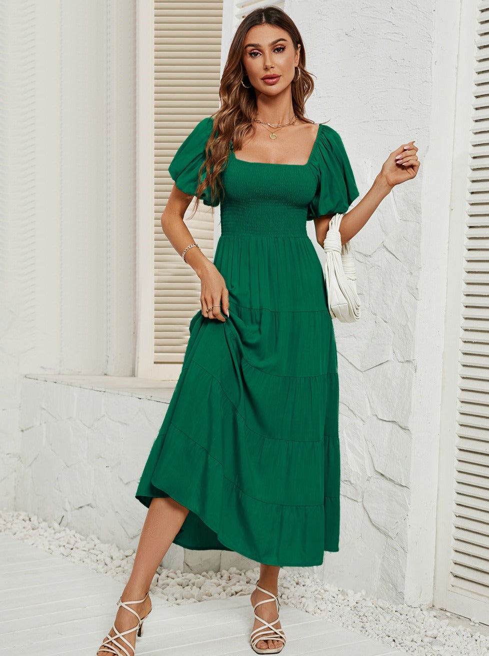 Dark Green High Waist Bubble Sleeve Square Neck Maxi Dress