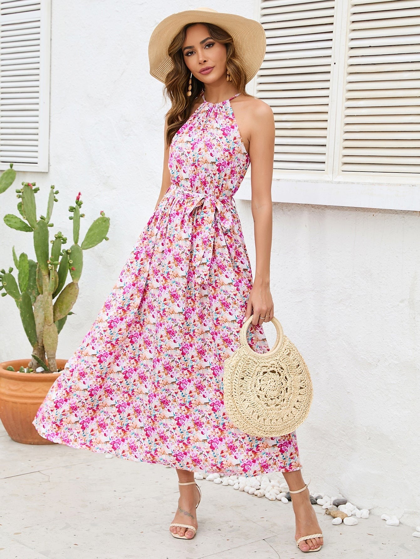 Off Shoulder Halter Hals Bloemen Midi Jurk 