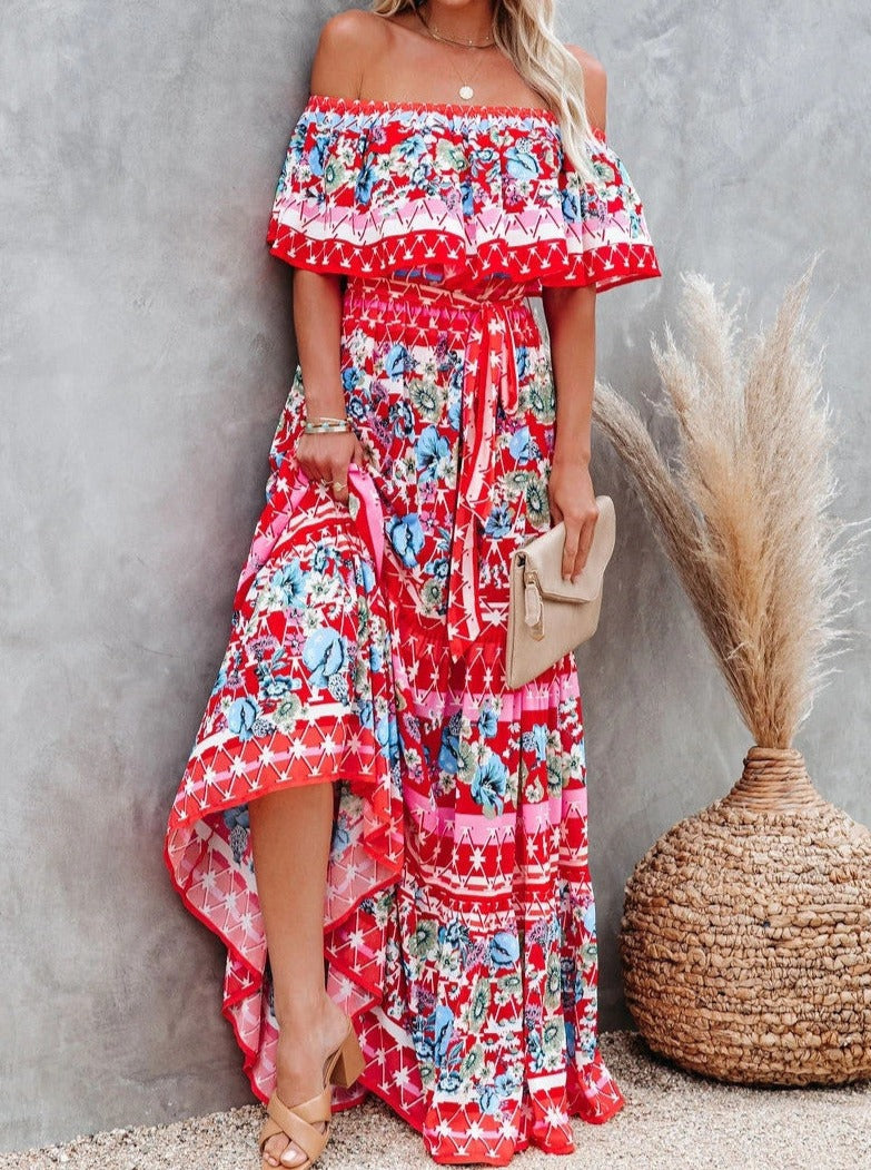 Rode bloemen retro bedrukte off shoulder maxi-jurk 