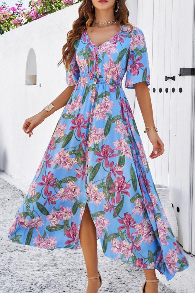 Chique zomerse bloemen V-hals midi-jurk met zijsplit