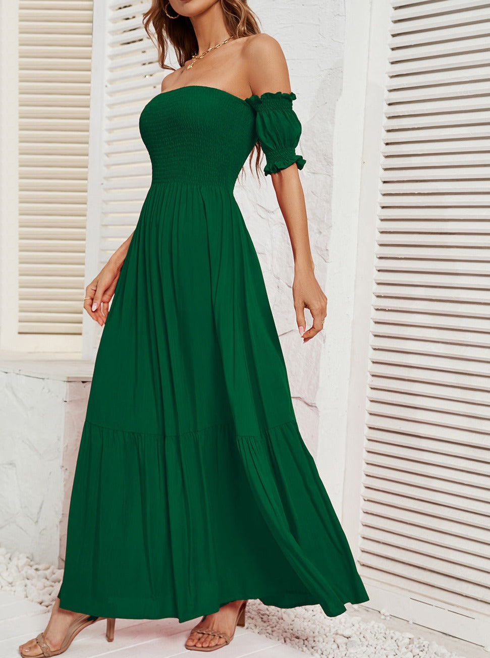 Off Shoulder Bell Sleeve Effen Kleur Maxi Jurk 