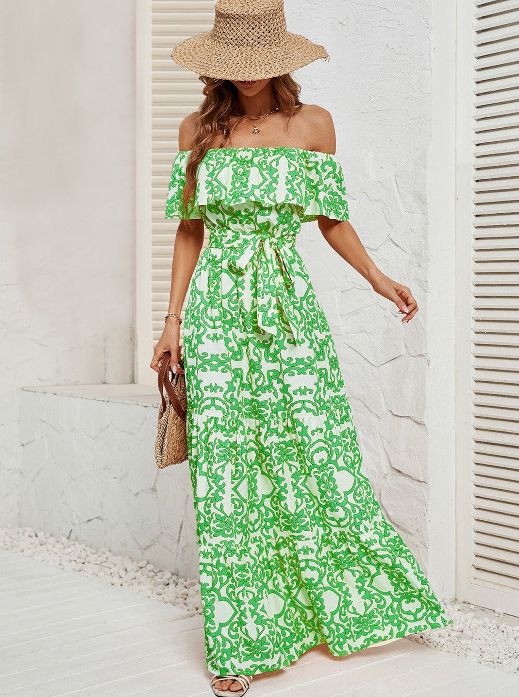 Off Shoulder Floral Ruffle Temperament Maxi-jurk 