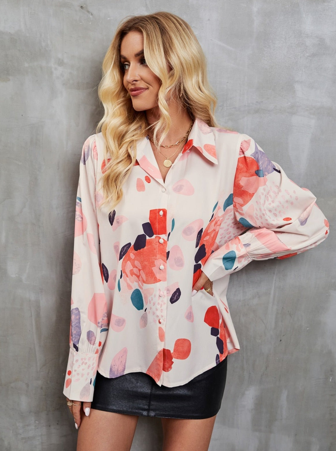 Casual Loose Printed Lantern Long Sleeve Shirt