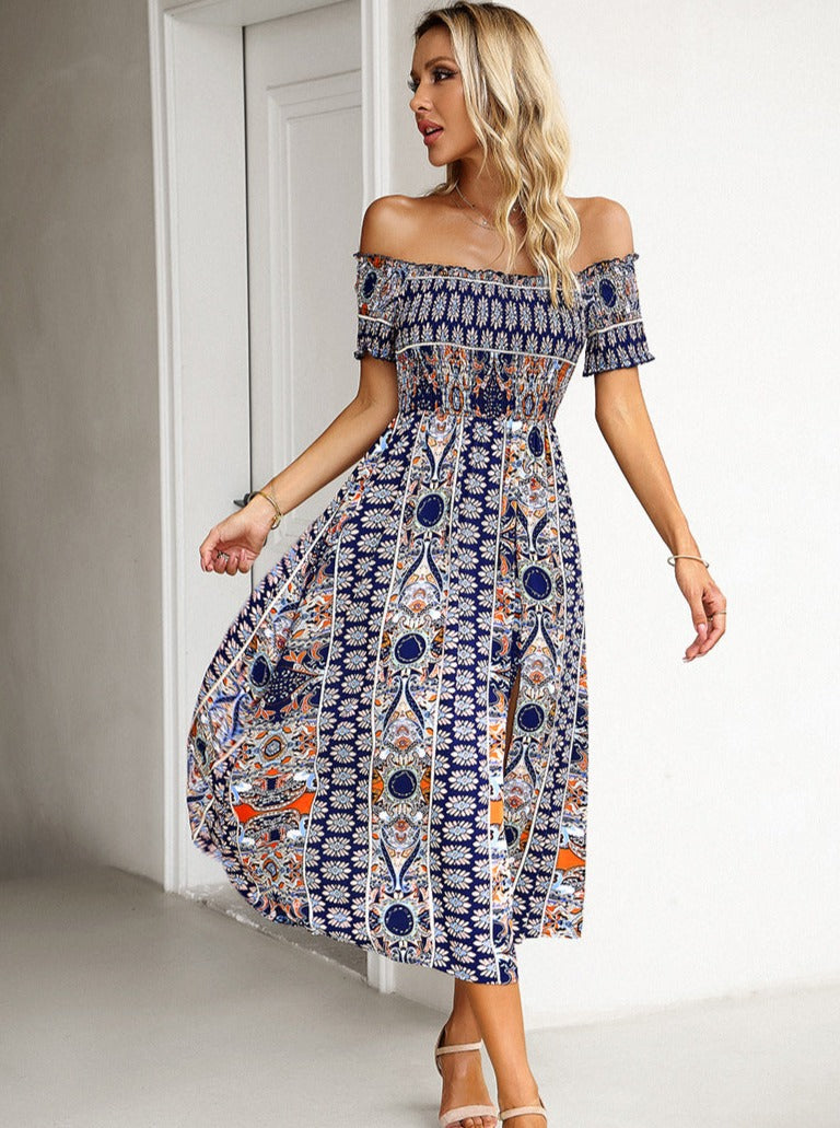 Blauwe off-shoulder Bohemian geprinte jurk