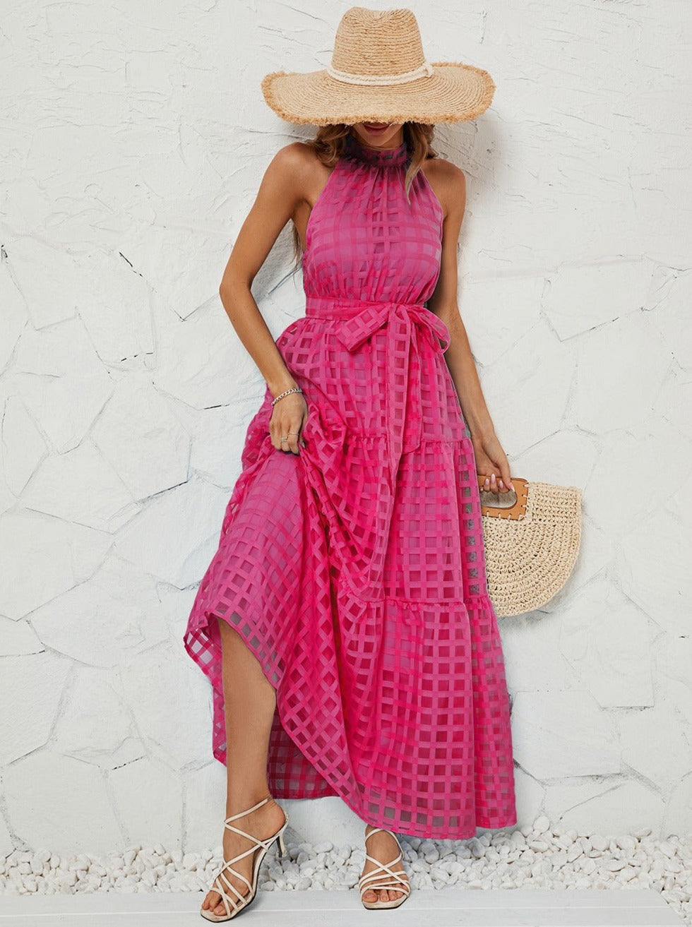 Roze halter mesh maxi-jurk met riem 