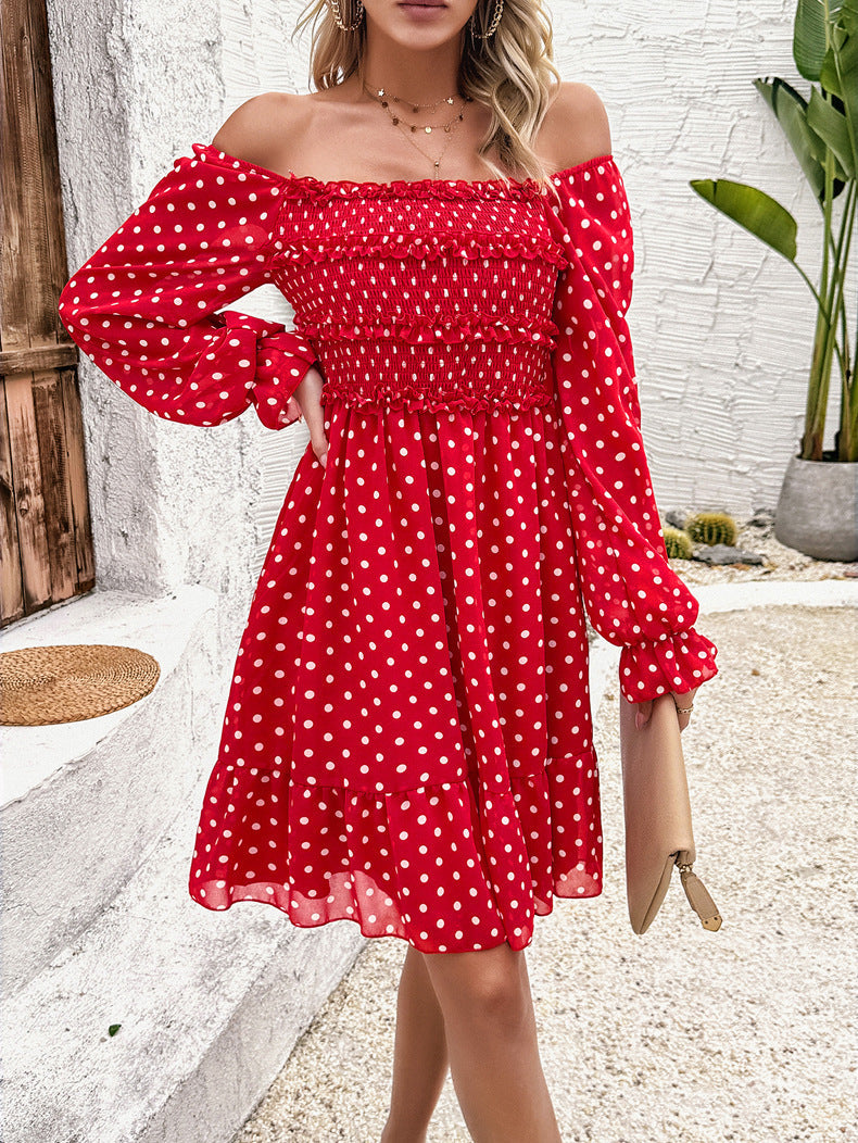 Casual rode off-shoulder polkadotjurk 