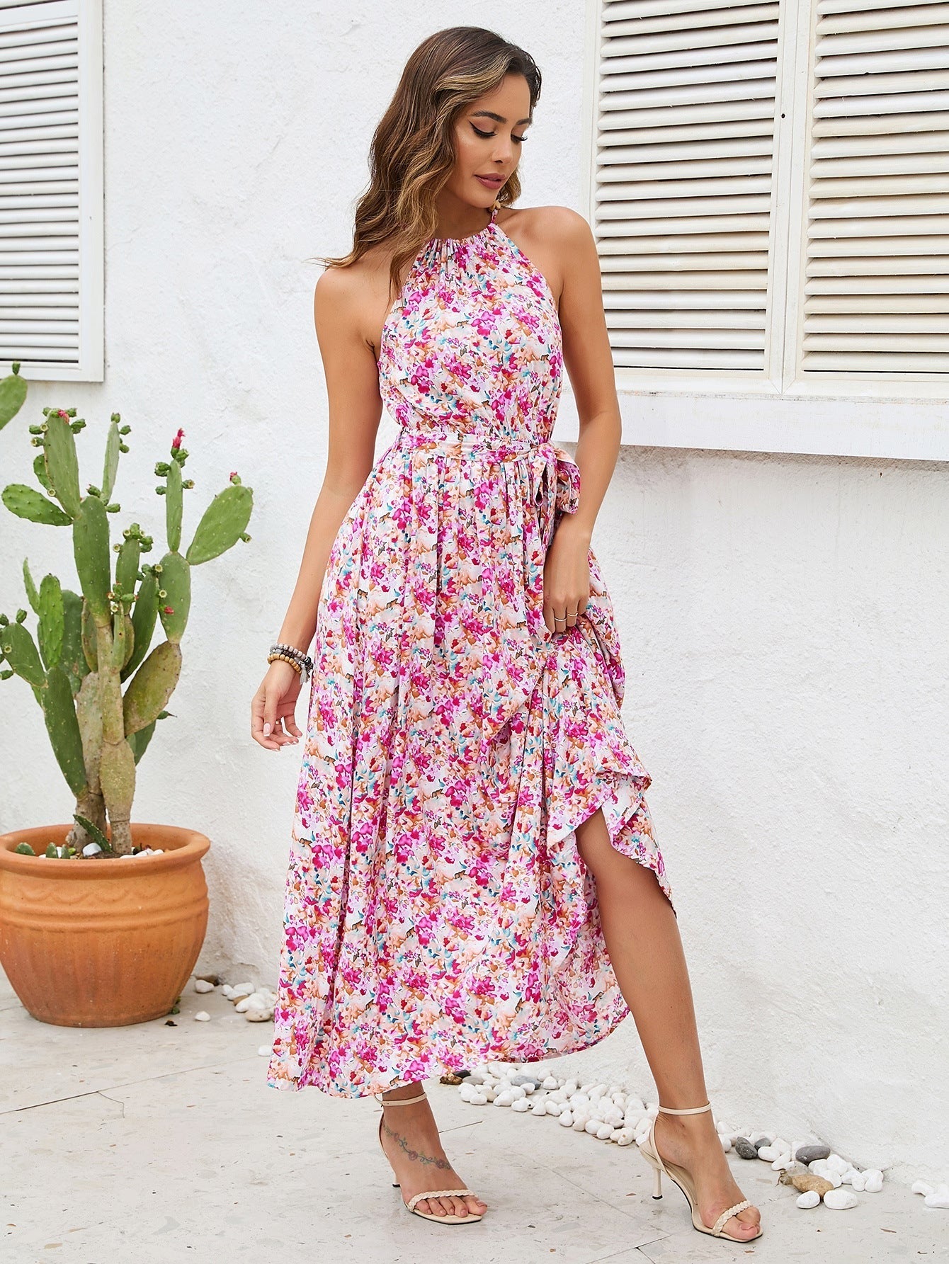 Off Shoulder Halter Hals Bloemen Midi Jurk 