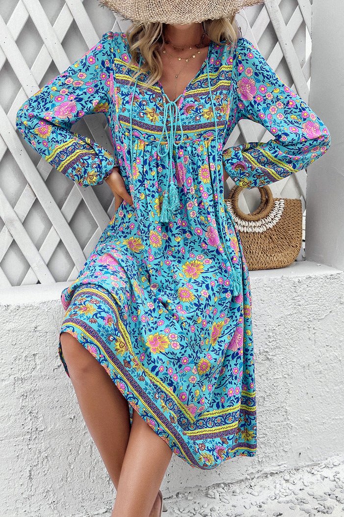 Stylish Blue Floral Long Lantern Sleeve Midi Dress