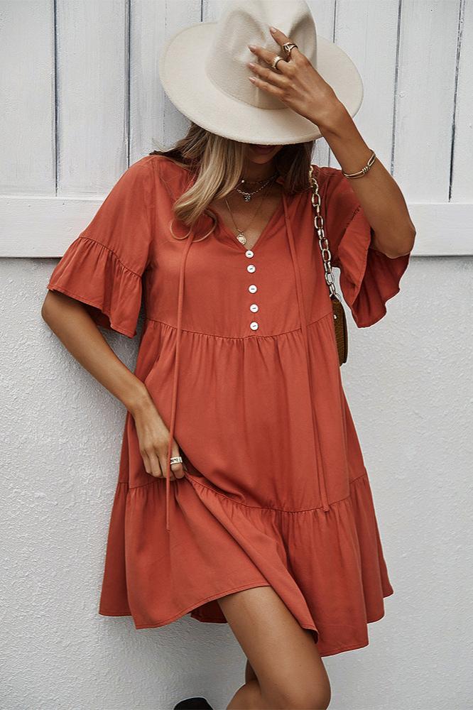 Orange Sexy Frill V-Neck Drawstring Tie Smock Dress