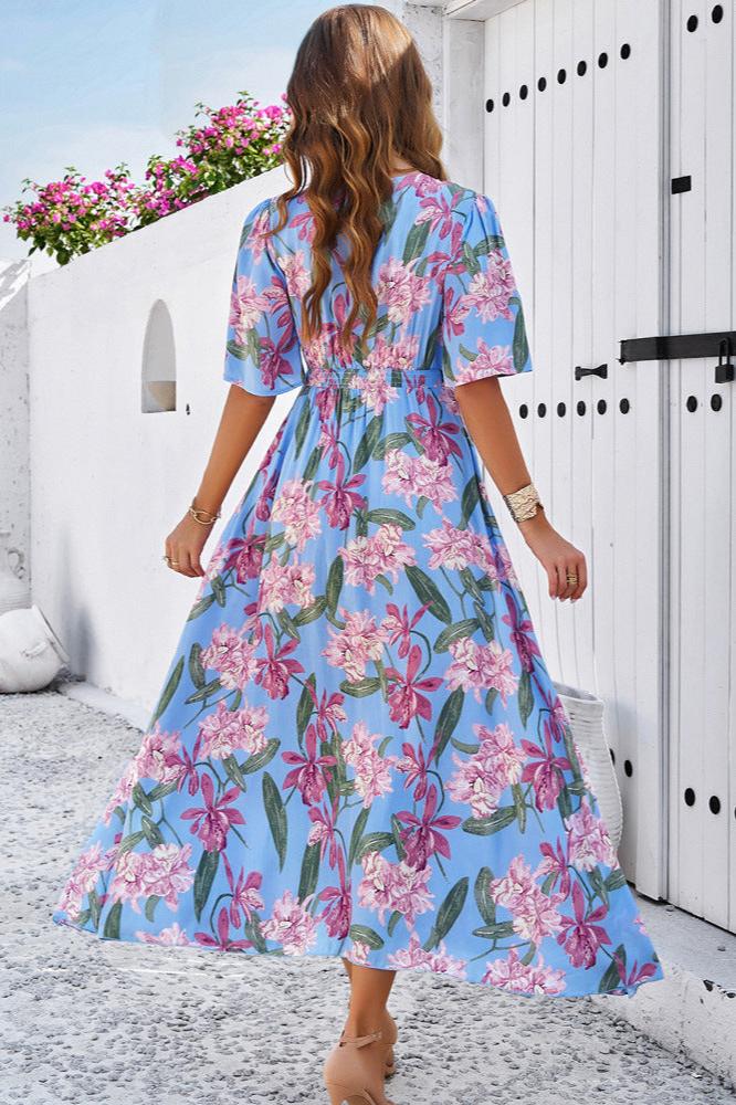 Chique zomerse bloemen V-hals midi-jurk met zijsplit