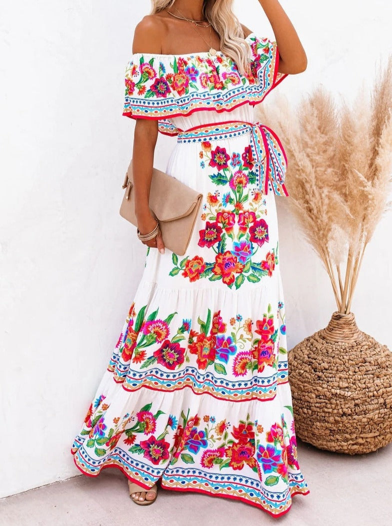 Boho Maxikleid Off-Shoulder Weiß Buntes Blumenmuster Rüschen Sommerkleid