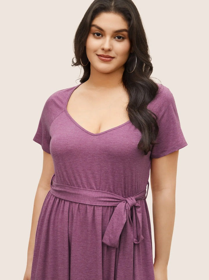 Plus Size Paarse Scoop Hals Strik Taille Zomerjurk 