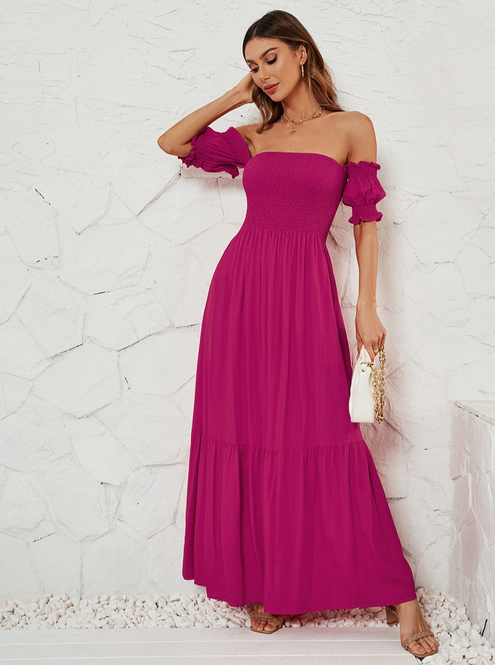 Off Shoulder Bell Sleeve Effen Kleur Maxi Jurk 