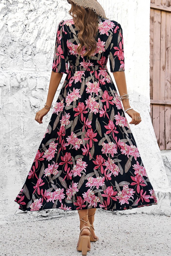 Black Chic Summer Floral V-Neck Side Slit Midi Dress