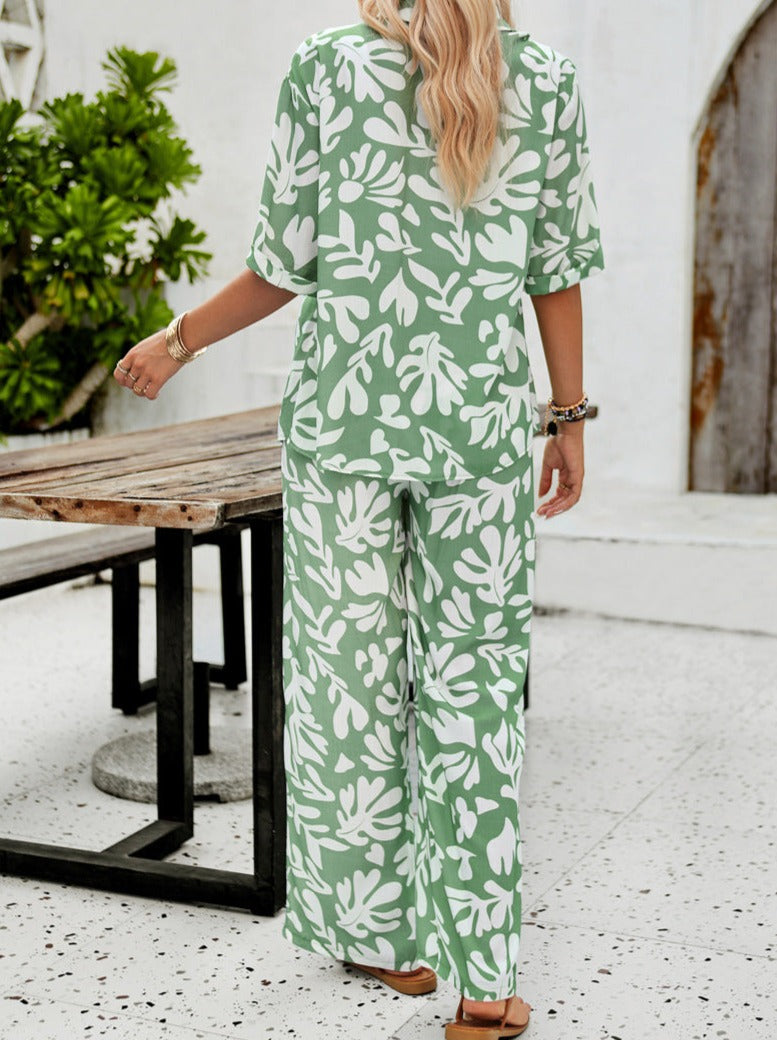 Casual Green Overall Printed Loose Button Down Shirt and Pants Set