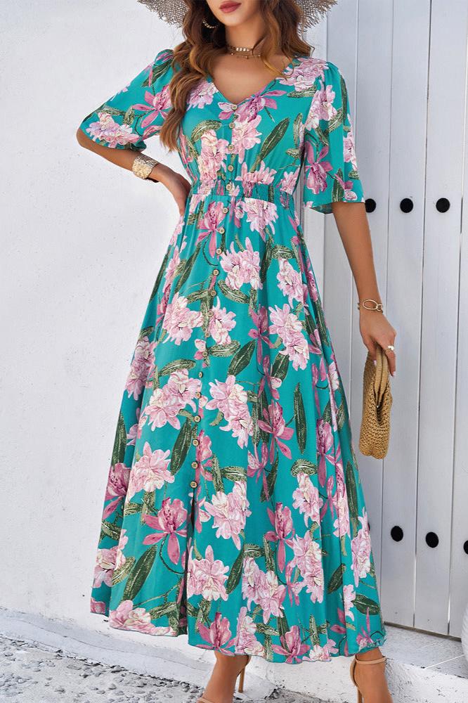 Chique zomerse bloemen V-hals midi-jurk met zijsplit