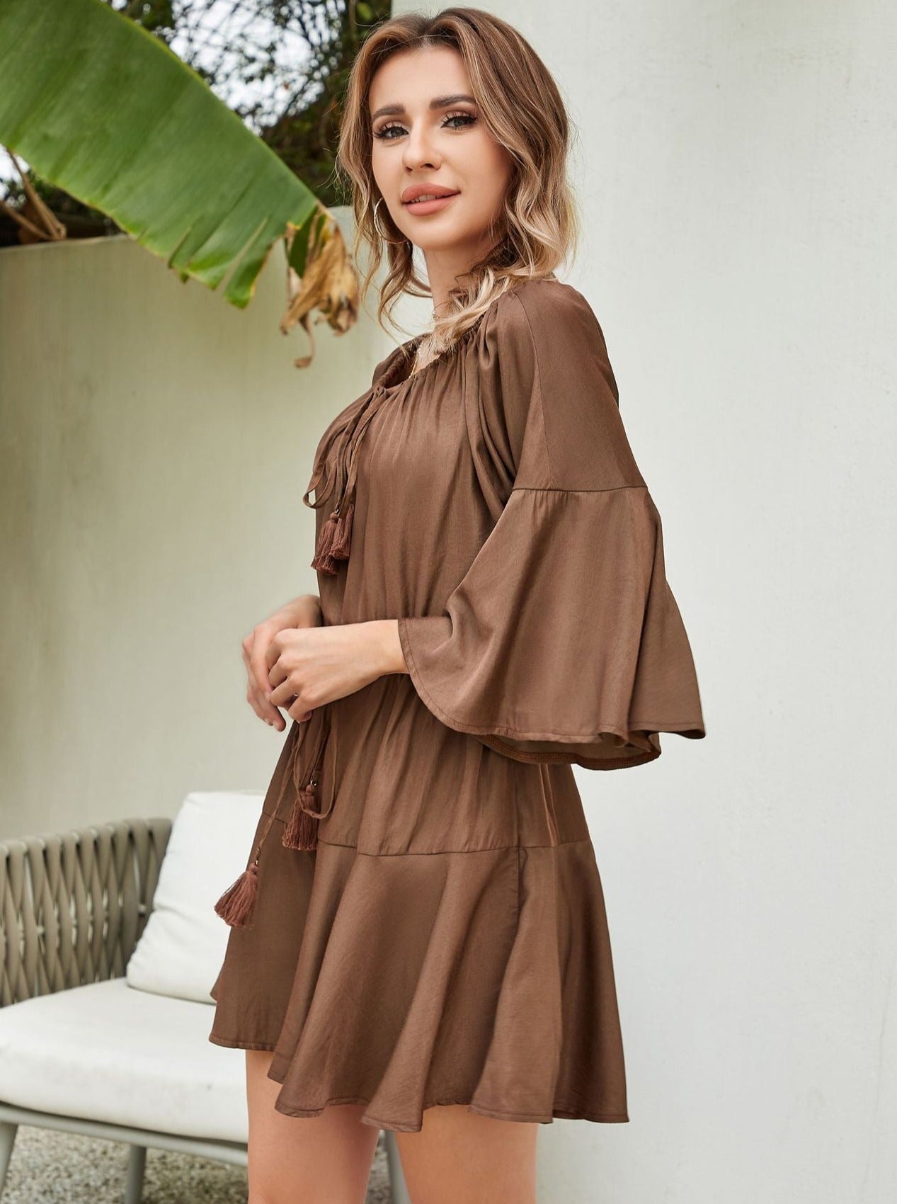 Boho Style Adjustable Shoulder Bell Sleeve Drawstring Waist Mini Dress