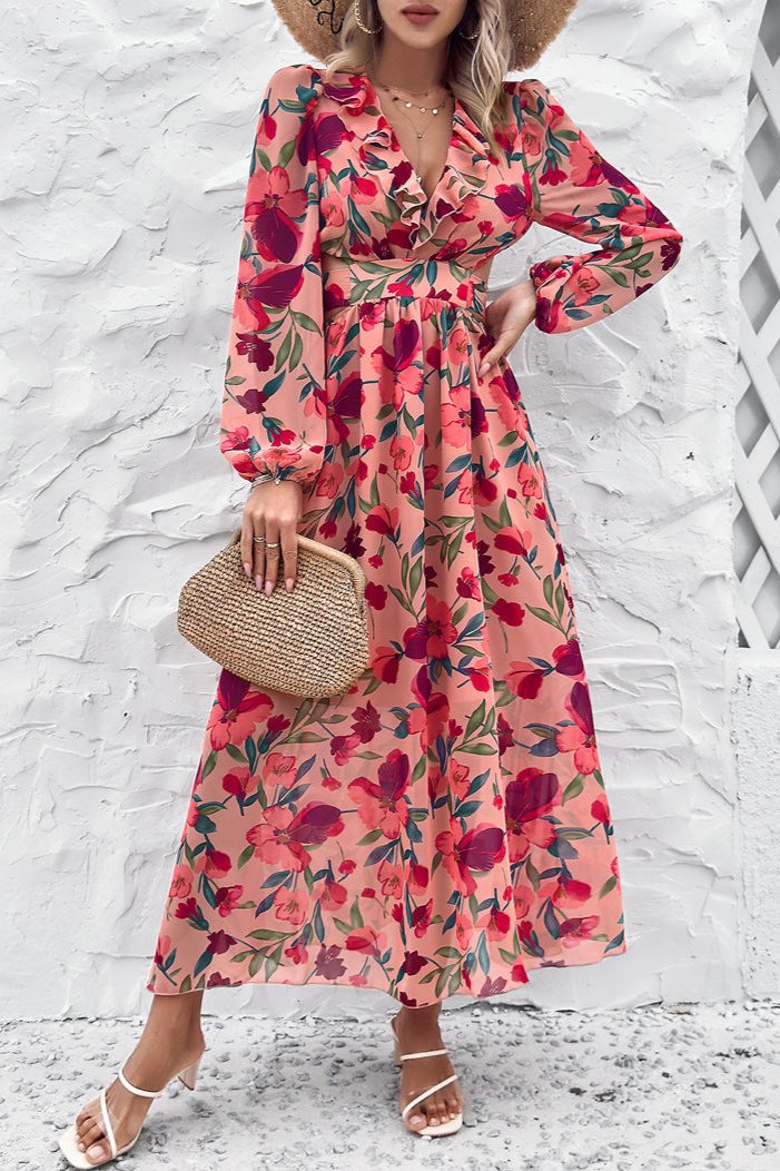 Lange mouw diepe V-hals bloemen maxi-jurk 