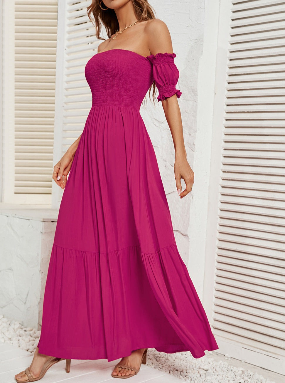 Off Shoulder Bell Sleeve Effen Kleur Maxi Jurk 