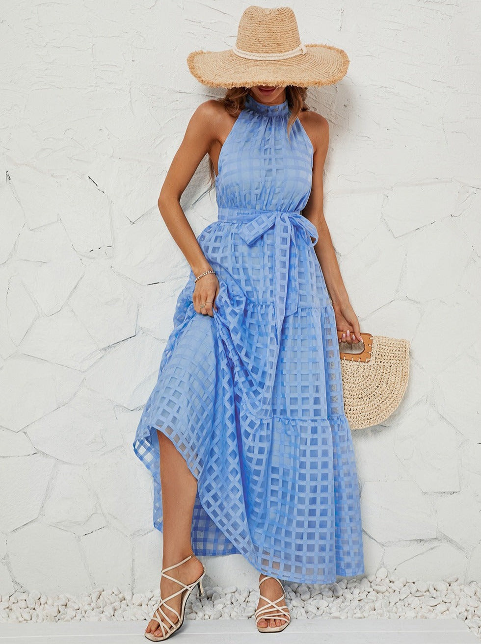 Blauwe halter mesh maxi-jurk met riem 