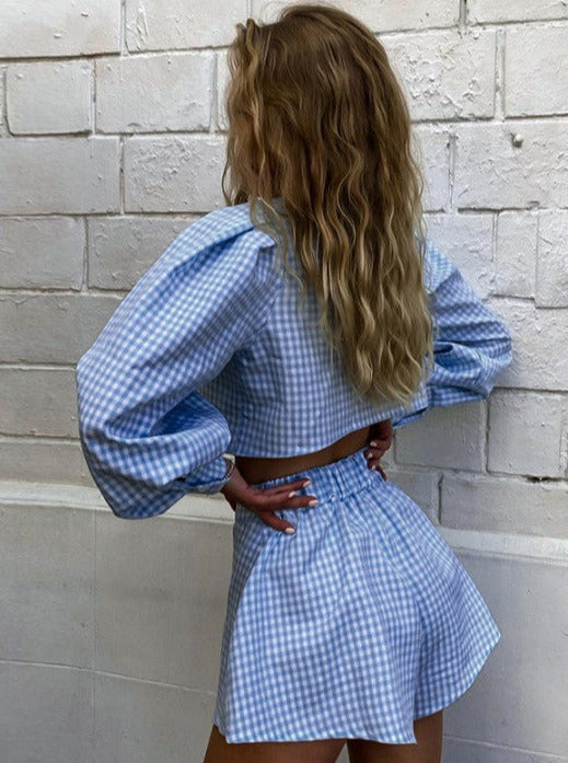 Two Piece Long-Sleeve Plaid Crop Shirt High Waist Mini A-Line Shorts Set