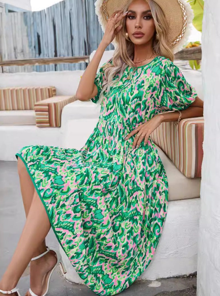 Round Neck Puff Sleeve Printed Dress