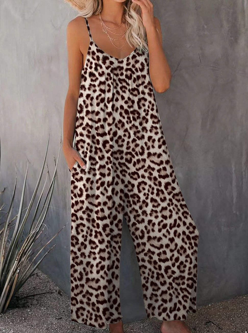 Casual mouwloze losse jumpsuit met luipaardprint 