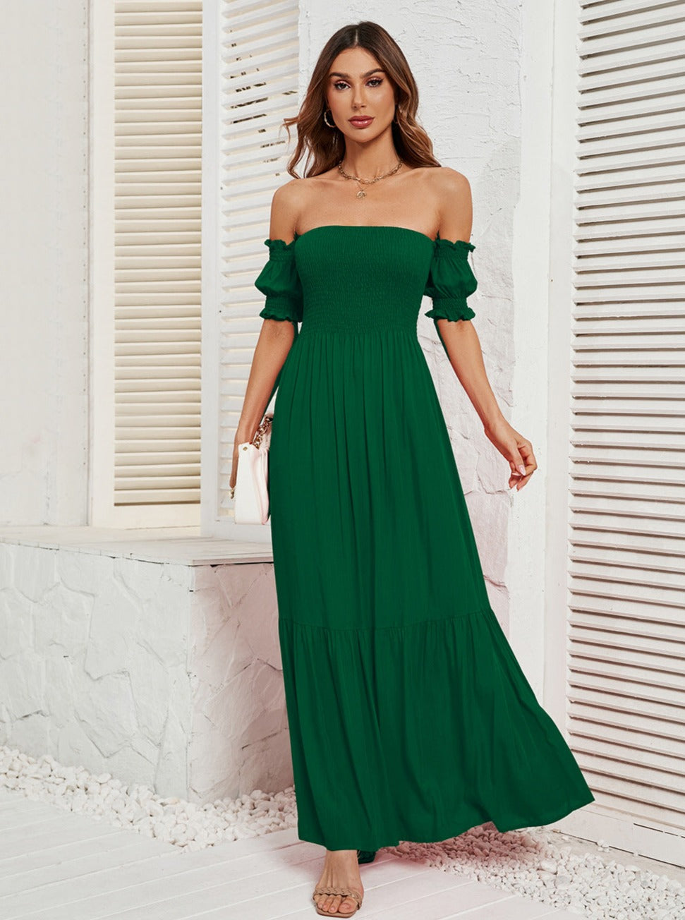 Off Shoulder Bell Sleeve Effen Kleur Maxi Jurk 