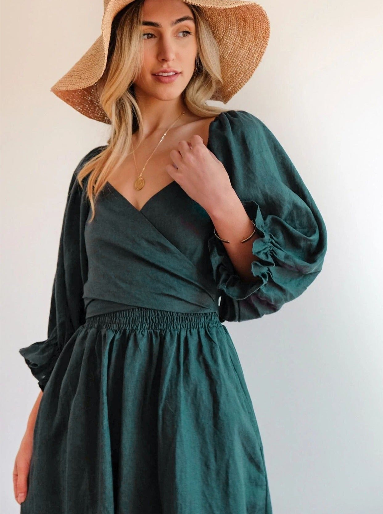 Emerald Ruffled Lantern Sleeve Elegant Wear