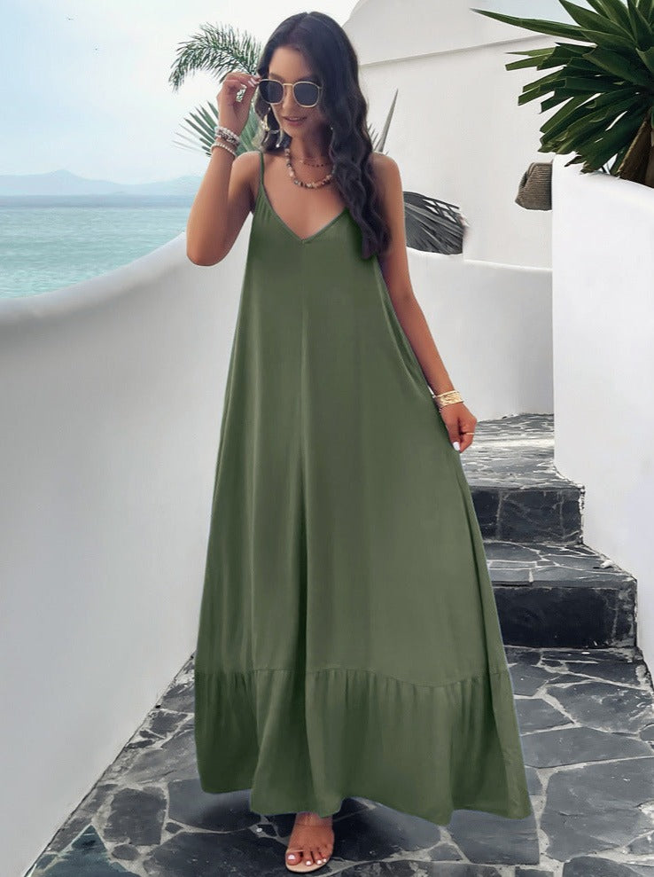 Groene casual effen kleur jarretel maxi-jurk