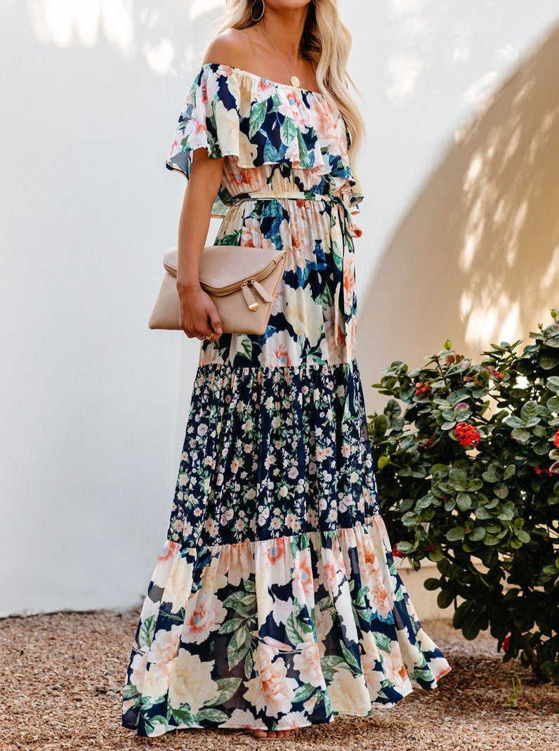 Marineblauwe bloemen retro print off shoulder maxi jurk 