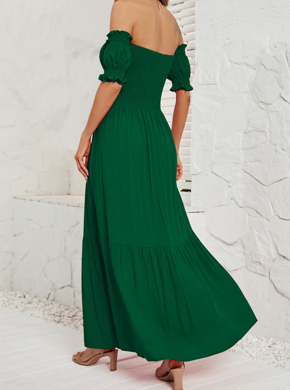 Off Shoulder Bell Sleeve Effen Kleur Maxi Jurk 