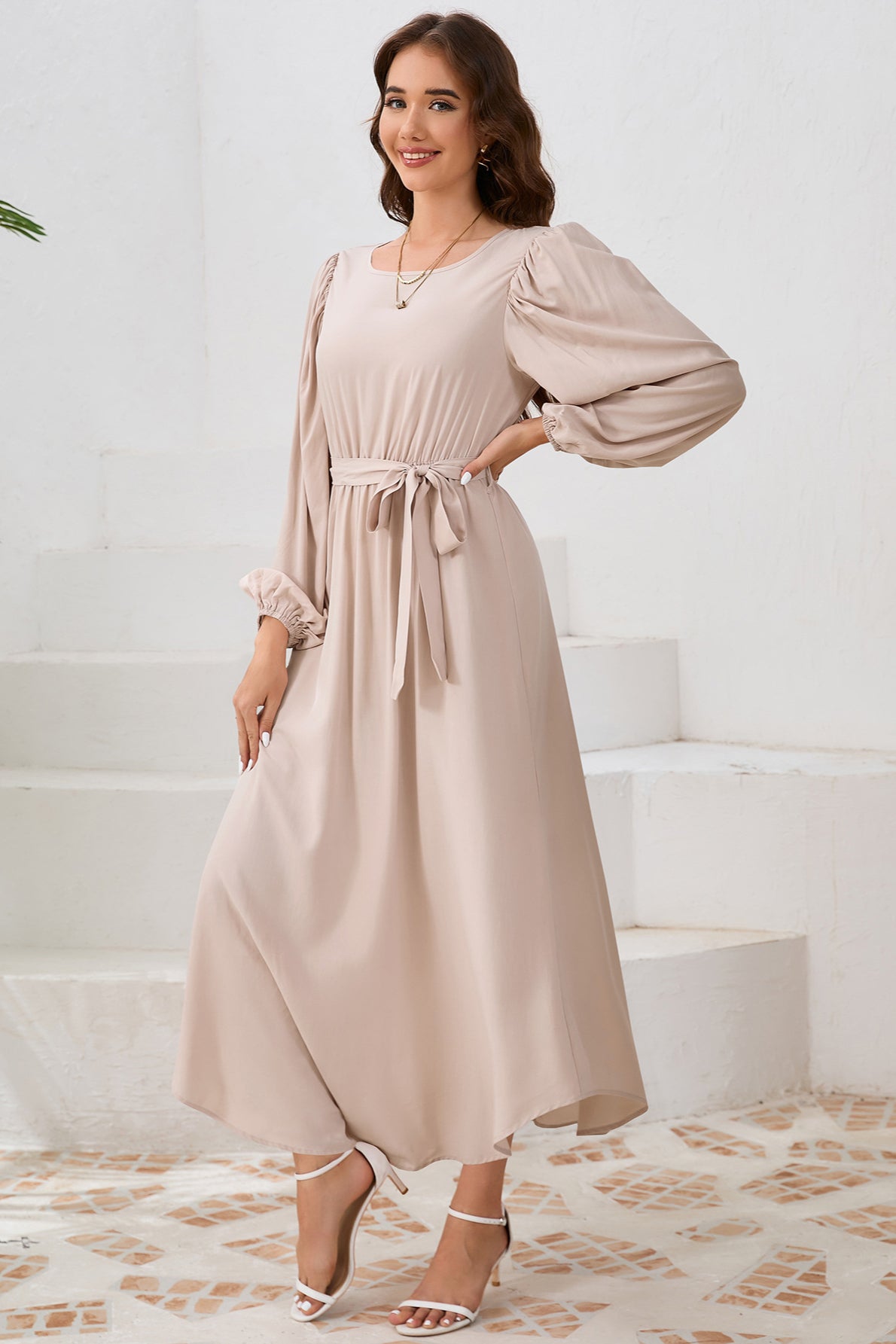 Elegant Tie Waist Long Sleeve Maxi Dress