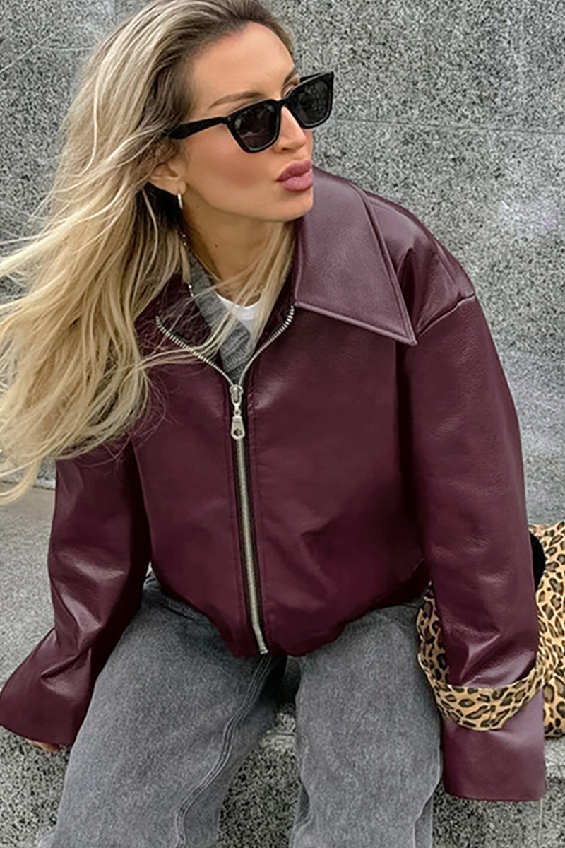 Winterjacke Damen Oversize Kunstlederjacke mit Reißverschluss Übergangsjacke für Damen