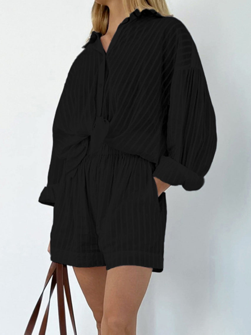 Two Piece Set Striped Long Sleeve Shirt Elastic Waist Short