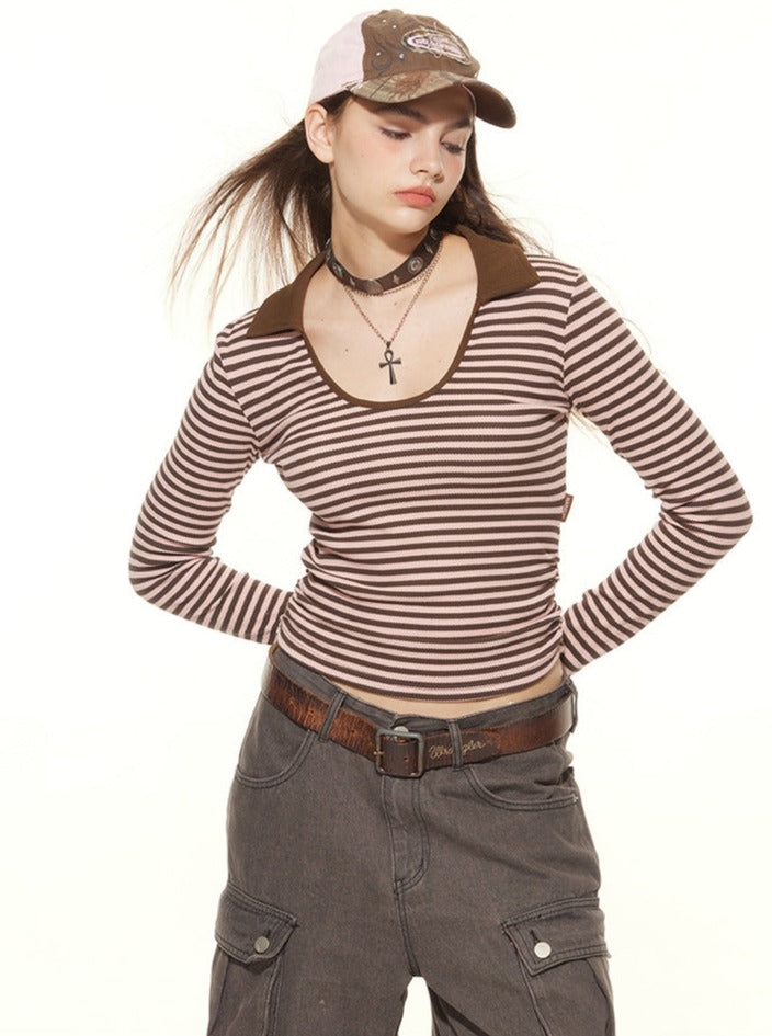 U-Neck Striped Wrinkled Design Long-Sleeved T-Shirt