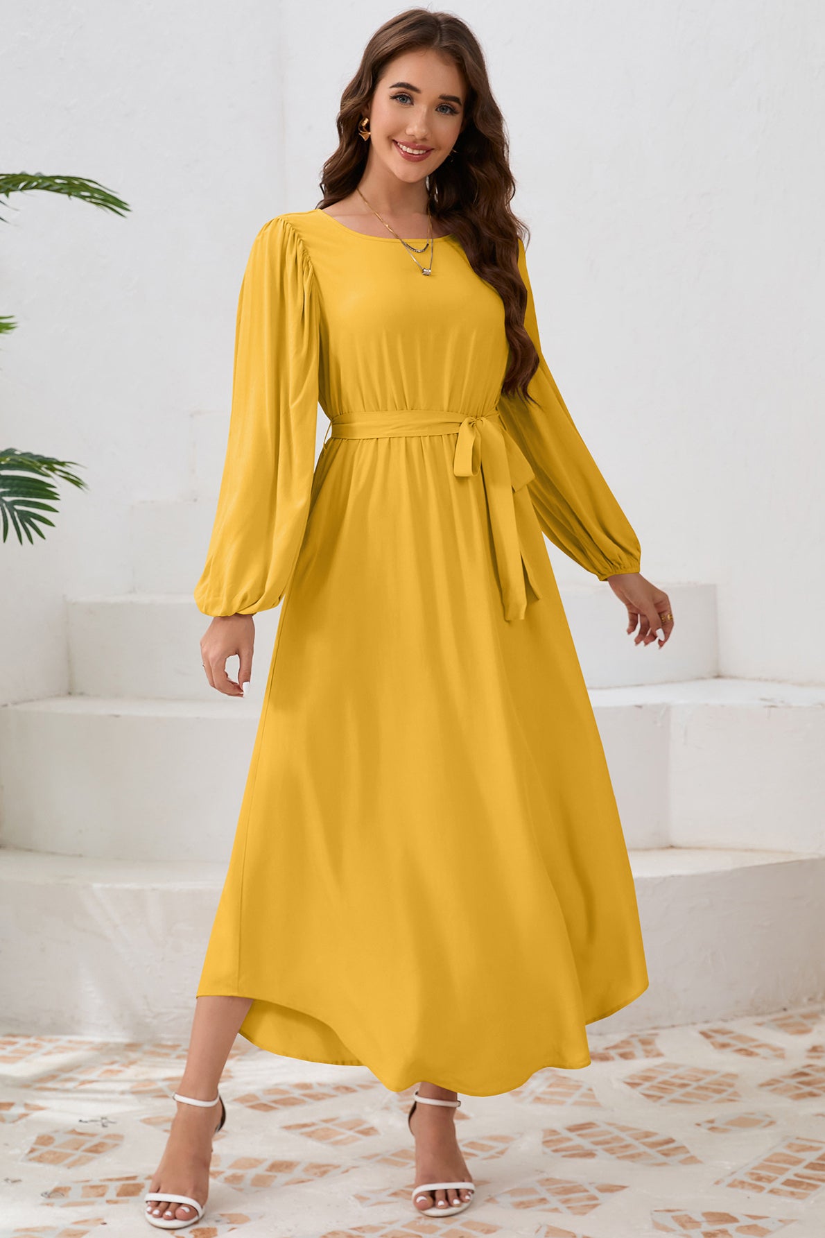 Elegant Tie Waist Long Sleeve Maxi Dress